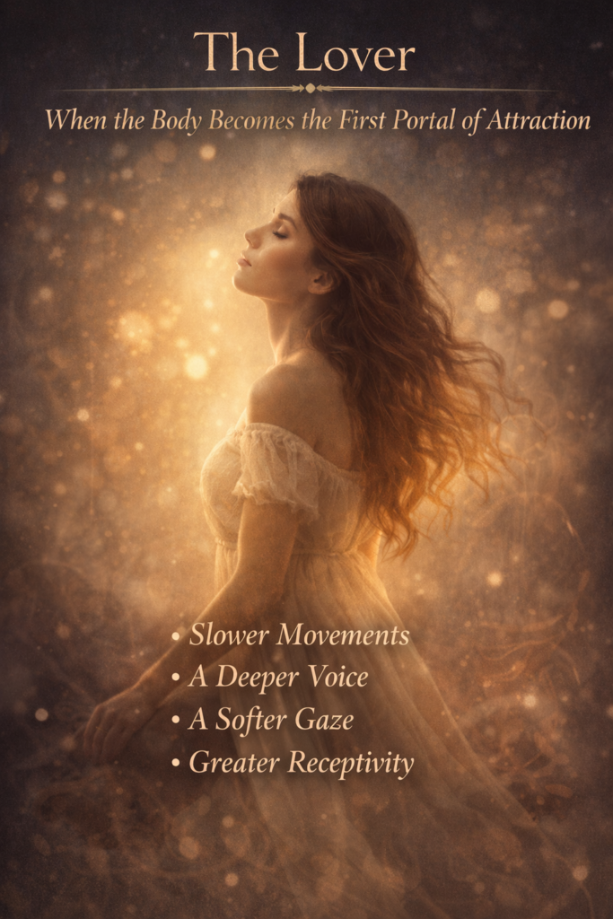 The Lover archetype embodied, illustrating the feminine attraction field through softness, slowed movement, deep presence, and receptive magnetism.