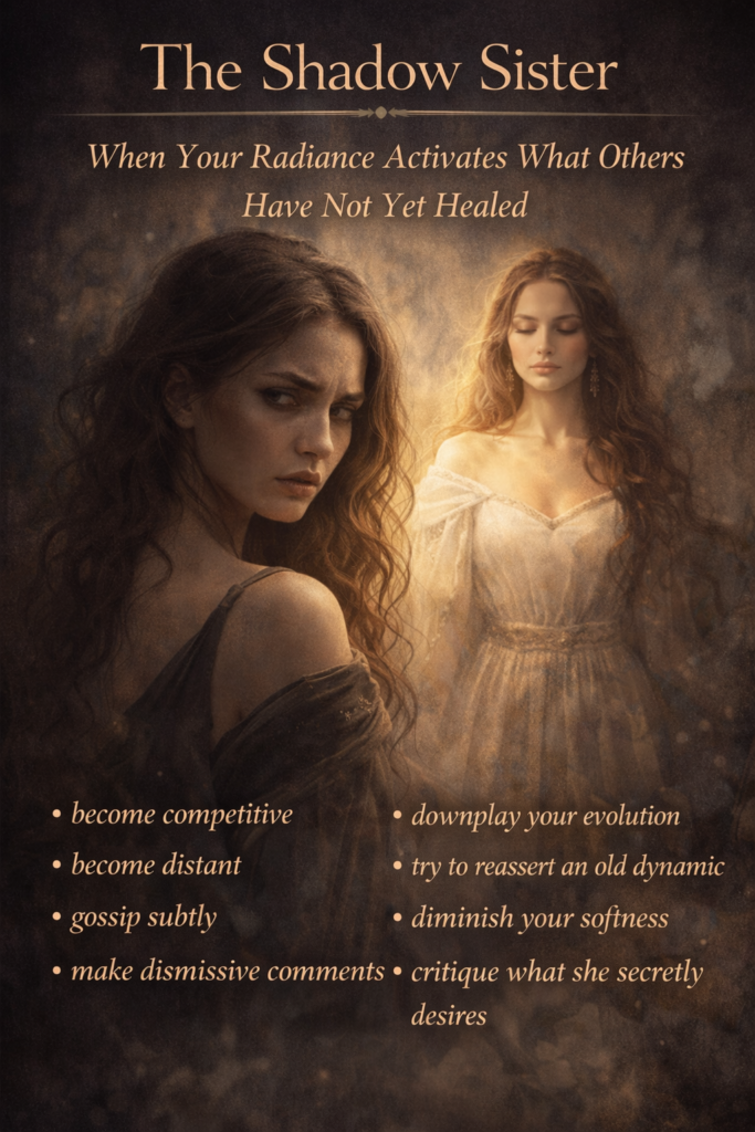 The Shadow Sister archetype reflecting how the feminine attraction field activates unhealed shadow through comparison, projection, and subtle rivalry.