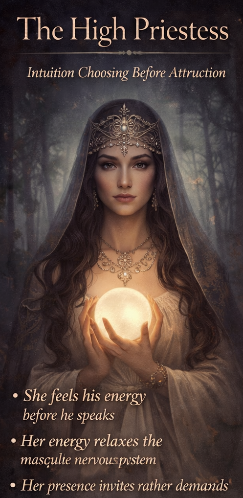 The High Priestess archetype activating the feminine attraction field through intuition, energetic discernment, and sovereign inner knowing.