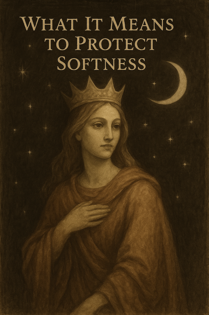 Sepia-toned mystical painting of a serene queen wearing a crown and flowing cloak, standing beneath a crescent moon and stars. The text above reads “What It Means to Protect Softness.” Her gentle expression and hand over her heart evoke themes of sacred femininity, grace, and quiet strength.