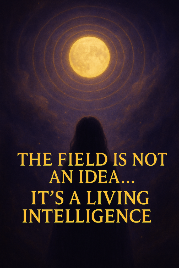 A mystical digital painting of a radiant full moon glowing above a vast luminous field of energy, with shimmering light currents and gentle auroras symbolising the living intelligence of the field itself.