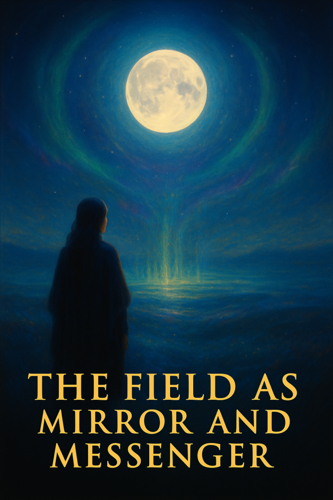 A luminous figure stands within a glowing energy field beneath a radiant sky, surrounded by waves of golden and violet light that mirror and respond to her presence, symbolising the field as a living, intelligent mirror and messenger.