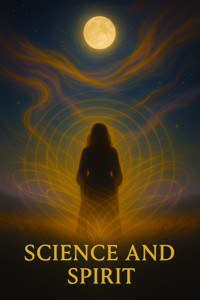 A luminous woman stands beneath a radiant full moon, surrounded by golden geometric light patterns symbolising the energetic harmony between science and spirit, the unseen field connecting all living things.