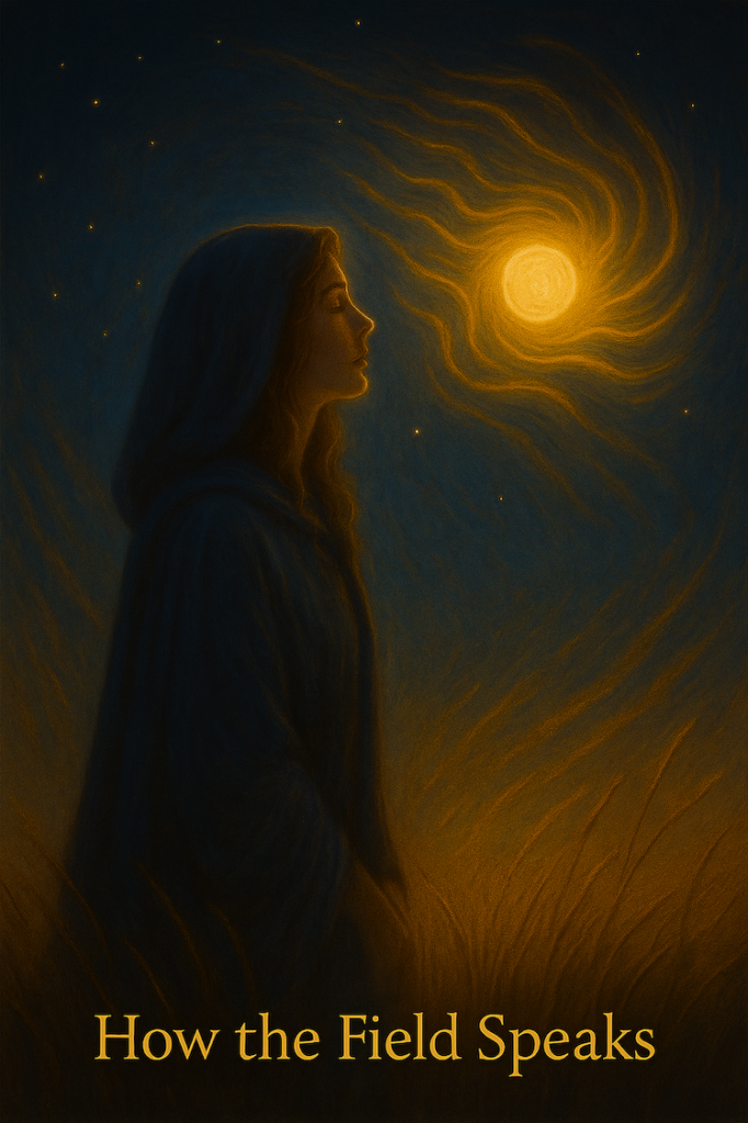 A mystical painting of a woman standing beneath swirling light patterns that resemble sound waves and golden currents, symbolising how the field communicates through vibration, intuition, and subtle energy.