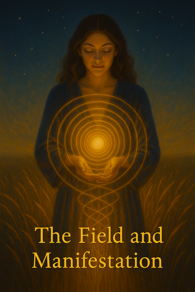 A radiant woman stands in a luminous field under a glowing sky, her hands open as streams of golden energy flow outward, symbolising the field of manifestation where intention and emotion shape reality.