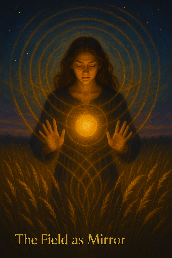 A mystical painting of a woman standing at the threshold of light and shadow, surrounded by swirling golden energy and cosmic symbols, representing how the field tests, challenges, and initiates those who seek alignment and mastery.