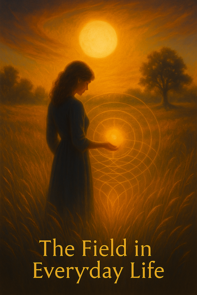 A luminous woman walks through a sunlit landscape where light weaves gently through trees and flowers, symbolising the field’s quiet presence and guidance in everyday life and ordinary moments.