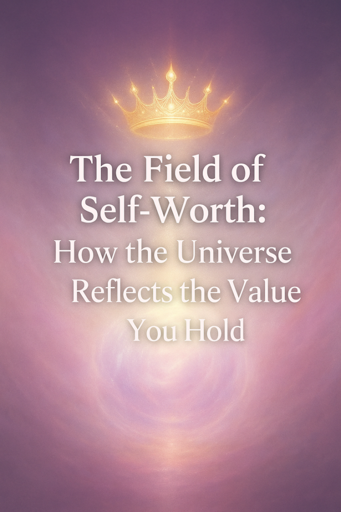 digital artwork depicting a radiant crown of light above a soft auric field in hues of rose, violet, and white, symbolizing self-worth, energetic reflection, and divine reciprocity