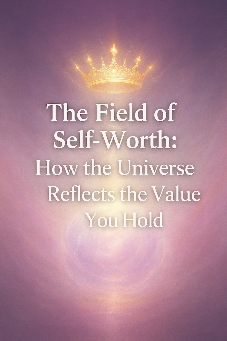 digital artwork depicting a radiant crown of light above a soft auric field in hues of rose, violet, and white, symbolizing self-worth, energetic reflection, and divine reciprocity