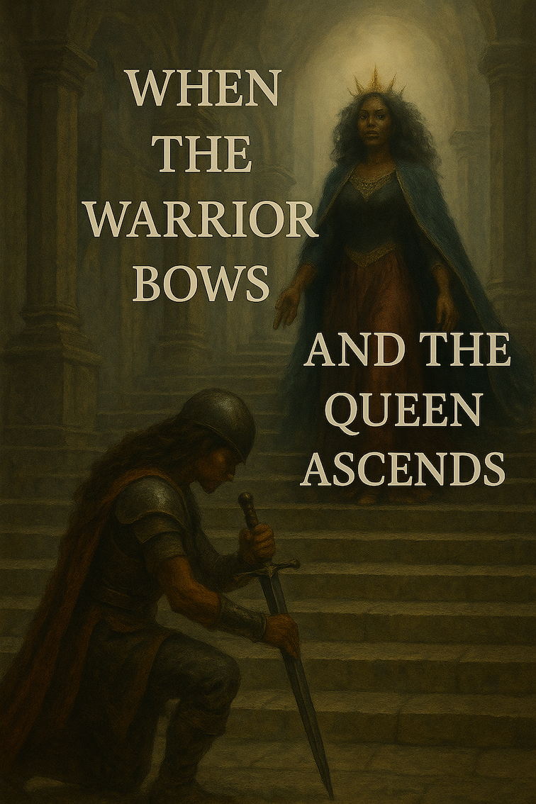 A powerful fantasy-style painting depicting a female warrior kneeling with her sword before a regal Black queen ascending a grand stone staircase. The queen wears a gold crown and deep blue cloak, radiating mystical authority as light streams through towering arches behind her. Overlaid text reads, “WHEN THE WARRIOR BOWS AND THE QUEEN ASCENDS.