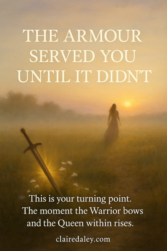 A powerful fantasy-style painting depicting a female warrior kneeling with her sword before a regal Black queen ascending a grand stone staircase. The queen wears a gold crown and deep blue cloak, radiating mystical authority as light streams through towering arches behind her. Overlaid text reads, “WHEN THE WARRIOR BOWS AND THE QUEEN ASCENDS.