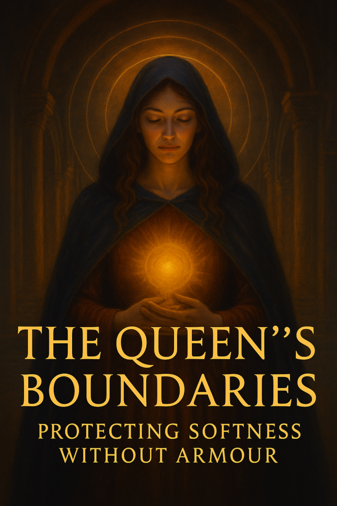 A mystical digital painting of a regal woman standing in a softly lit temple, surrounded by golden light. She wears flowing robes and holds a gentle yet powerful gaze, symbolising the queen’s boundaries, protecting softness without armour, and embodying grace through emotional and energetic sovereignty.