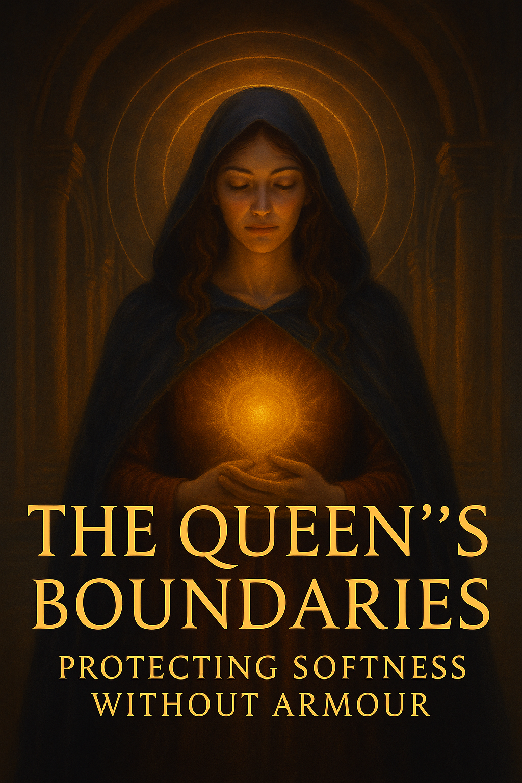 A mystical digital painting of a regal woman standing in a softly lit temple, surrounded by golden light. She wears flowing robes and holds a gentle yet powerful gaze, symbolising the queen’s boundaries, protecting softness without armour, and embodying grace through emotional and energetic sovereignty.