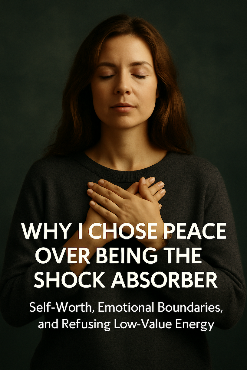 A calm woman with eyes closed and hands over her heart, symbolising self-worth, emotional boundaries, and choosing peace over emotional labour.