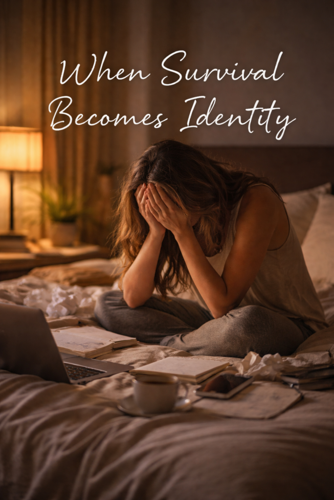 Woman sitting on a bed with her head in her hands, surrounded by scattered papers, laptop, and coffee cup, with the words ‘When Survival Becomes Identity’ written above
