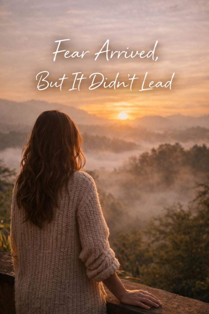 Woman standing on a cliff at dusk, looking out over crashing waves and darkening sky, with the words ‘Fear Arrived, But It Didn’t Lead’ written across the image