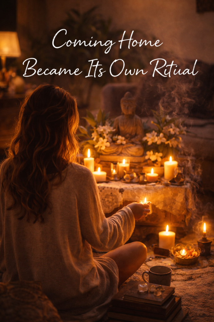 Woman standing on a cliff at dusk, looking out over crashing waves and darkening sky, with the words ‘Fear Arrived, But It Didn’t Lead’ written across the image