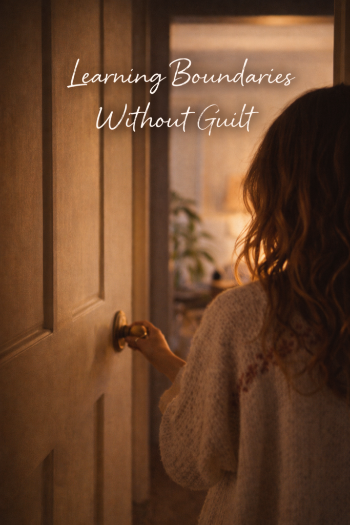 Woman standing in a doorway at dusk, gently closing the door with soft light behind her, with the words ‘Learning Boundaries Without Guilt’ written across the image