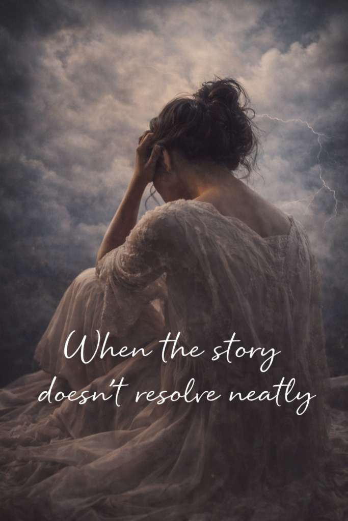 A woman sits with her back to the camera beneath a stormy sky, her head resting in her hand as lightning flickers in the distance. She wears a flowing lace dress, and the scene feels quiet, emotional, and unresolved, with the words “When the story doesn’t resolve neatly” written across the image