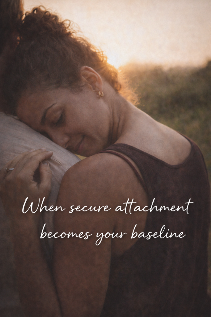 A woman rests her head peacefully on someone’s shoulder at sunset, eyes closed and softly smiling. Warm golden light surrounds them, creating a calm, intimate feeling. Text across the image reads, “When secure attachment becomes your baseline.”
