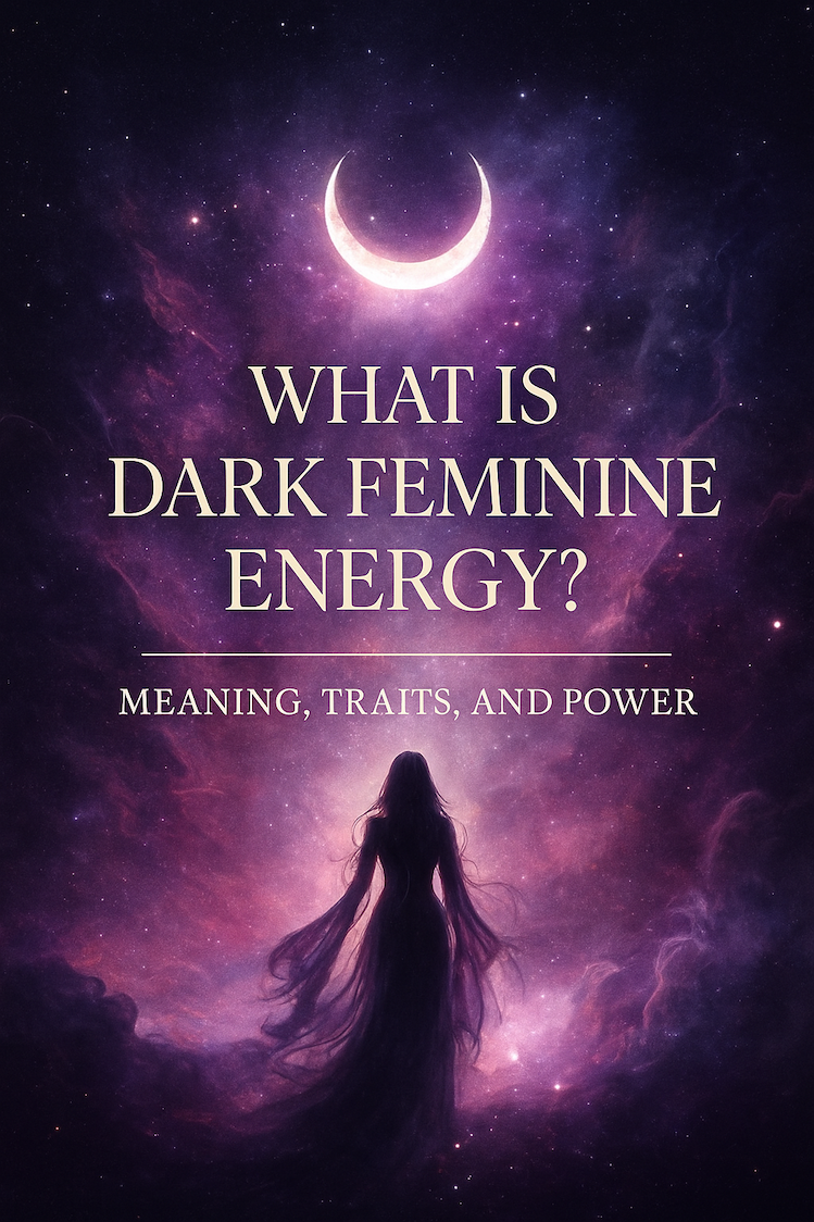 A mystical cosmic scene in deep purples and pinks featuring a large glowing crescent moon above a silhouetted feminine figure standing in swirling nebula clouds. The text “What Is Dark Feminine Energy? Meaning, Traits, and Power” appears in elegant serif lettering. Ethereal, powerful, and aligned with dark feminine mystique.