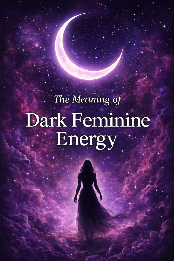 A mystical cosmic scene in deep purples and pinks featuring a large glowing crescent moon above swirling clouds. A silhouetted feminine figure stands at the bottom of the artwork. The text “The Meaning of Dark Feminine Energy” appears in elegant serif lettering across the center.