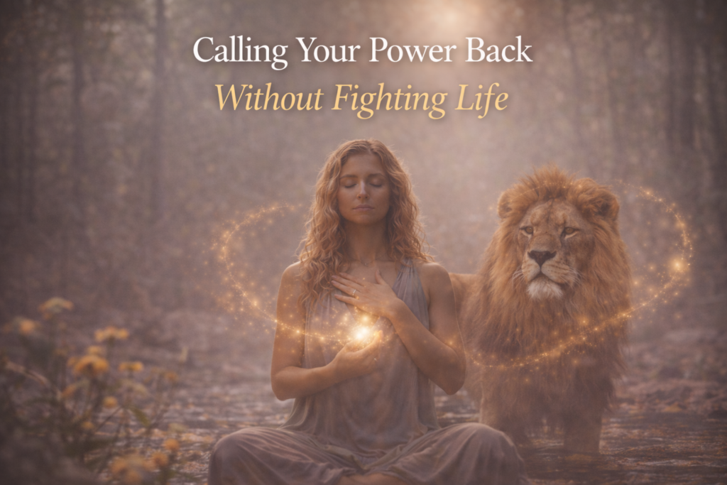 Woman standing calmly in a misty forest with a lion beside her and golden light at her heart, symbolising calling your power back without force and healing your nervous system gently through safety, trust, and embodied calm