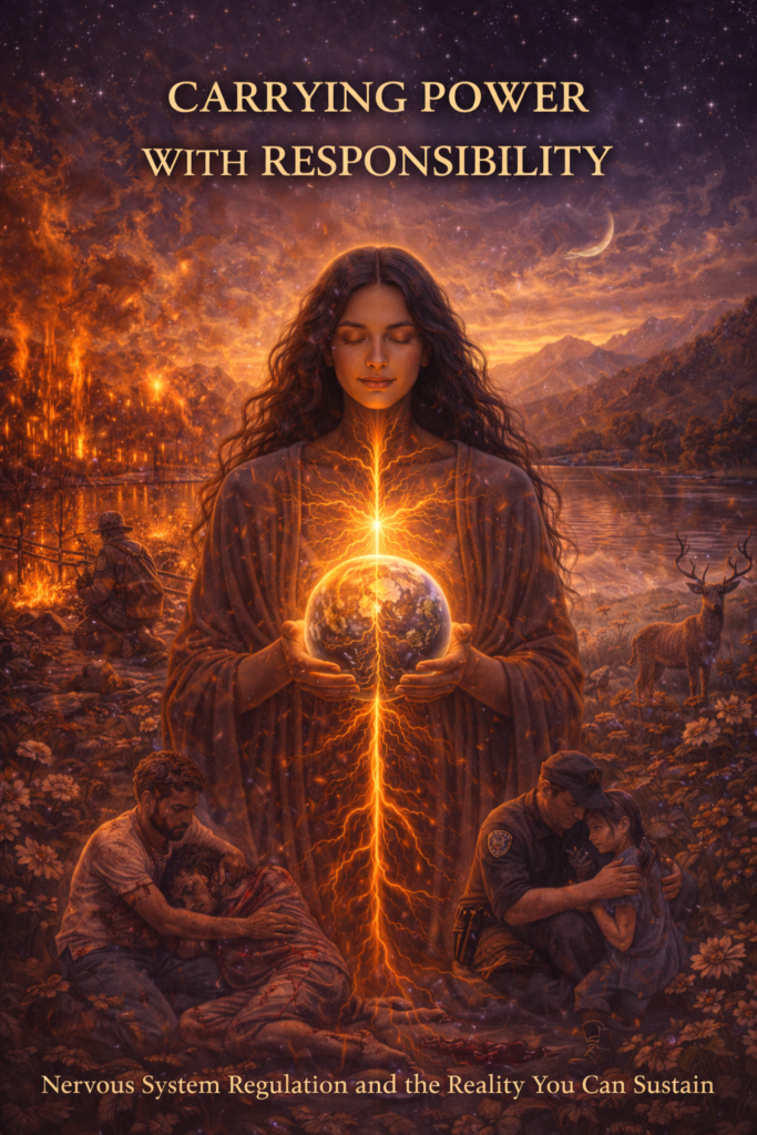 Illustration of a woman holding a radiant sphere, representing responsible use of power, nervous system regulation, and embodied leadership.