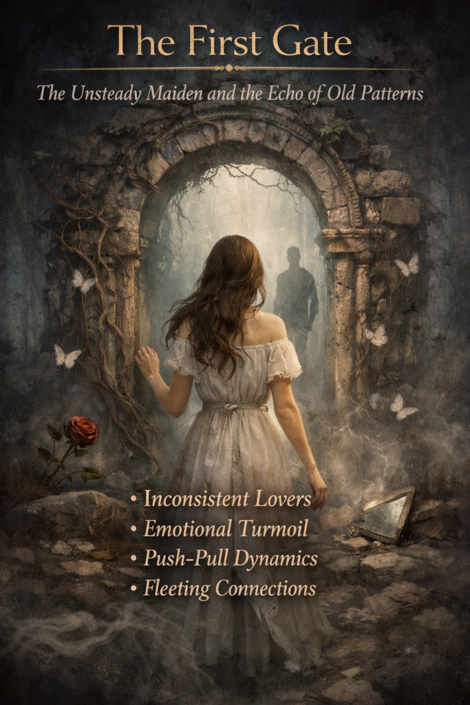 The Unsteady Maiden standing before an ancient stone gate, symbolising early-stage feminine attraction field patterns of inconsistency, emotional turmoil, and push-pull dynamics.