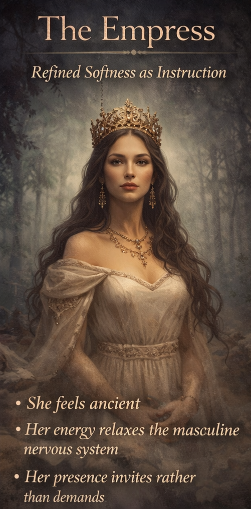 The Empress archetype expressing the feminine attraction field through refined softness, calm magnetism, and nervous-system soothing presence.