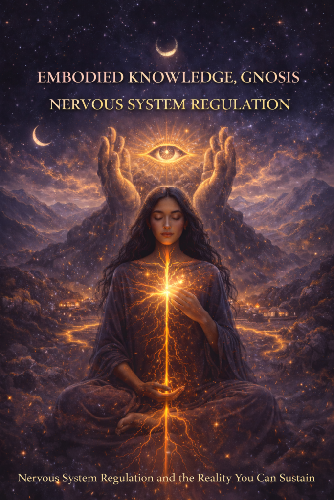 Woman standing calmly in water with a glowing heart and visible nervous system light, surrounded by symbolic staffs and a natural temple landscape, representing embodied knowledge, gnosis, and nervous system regulation.