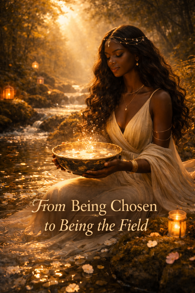 A dark-skinned woman in an ethereal gown sits by a glowing forest stream holding a radiant bowl of light, symbolising the shift from being chosen to becoming the magnetic field in the journey from Queen to Empress and the rise of quiet, embodied feminine power