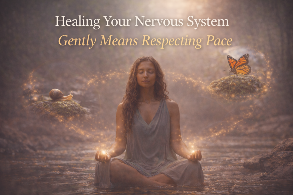Woman meditating in a misty forest stream with golden light around her hands, a butterfly and snail symbolising slow, natural rhythm, illustrating healing your nervous system gently by honouring pace, safety, and gradual restoration