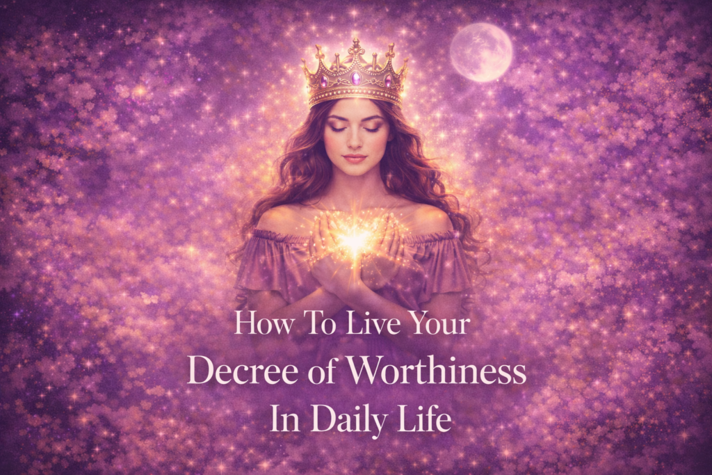 How To Live Your Decree of Worthiness In Daily Life shown through a single, centred feminine figure wearing a crown and holding a glowing heart of light, set against a soft purple celestial background, symbolising embodied self-worth, inner sovereignty, and living from quiet, grounded radiance
