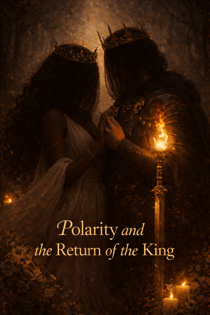 Two crowned, faceless archetypal figures stand close in a dim, misty forest, hands intertwined beside a glowing flame, symbolising polarity and the return of the King in the journey from Queen to Empress and the rise of quiet, sovereign feminine power.