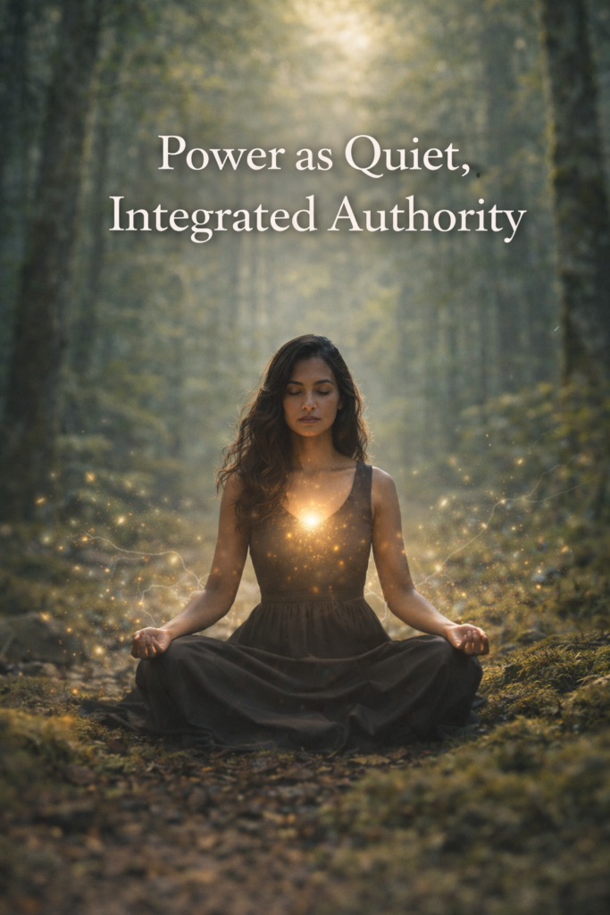 A woman sits in still meditation on a mossy forest floor, eyes closed, with a soft golden light glowing from her heart. The surrounding trees are calm and softly lit, and the atmosphere feels quiet and grounded. Overlaid text reads, “Power as Quiet, Integrated Authority.”
