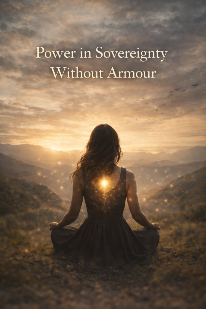 A woman sits calmly in an open natural landscape, her posture relaxed and unguarded, with soft light surrounding her. She appears grounded and self-possessed, without shields or armour, embodying quiet strength and inner sovereignty. Overlaid text reads, “Power in Sovereignty Without Armour.”