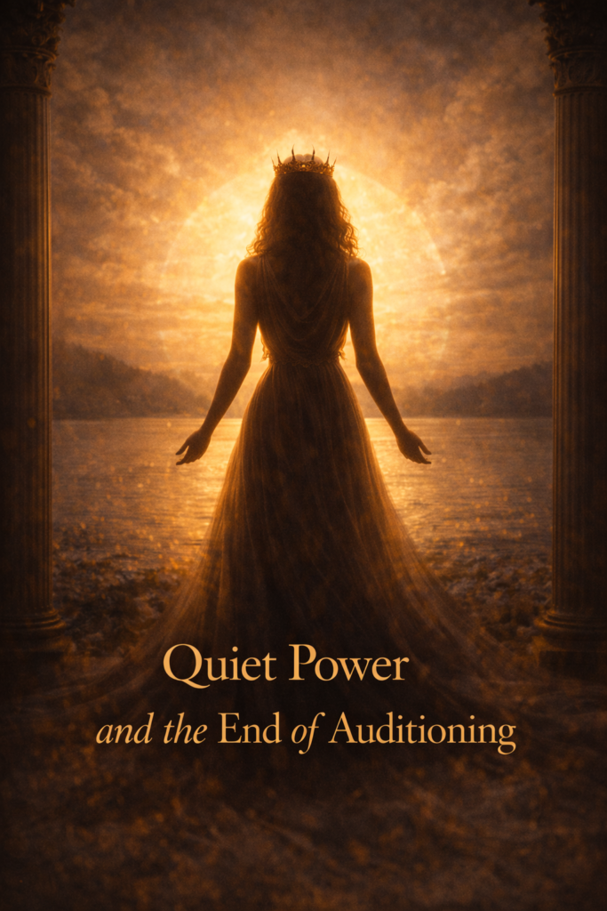 A silhouetted crowned feminine figure stands in stillness before a glowing horizon between ancient columns, embodying quiet power and the end of auditioning on the journey from Queen to Empress, where a woman becomes the magnetic field rather than seeking to be chosen.