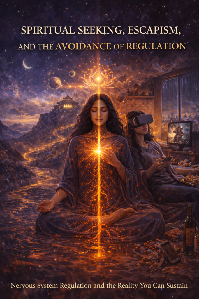 Split scene showing a woman meditating in a spiritual landscape contrasted with escapist distractions, illustrating spiritual seeking, escapism, and the avoidance of nervous system regulation.
