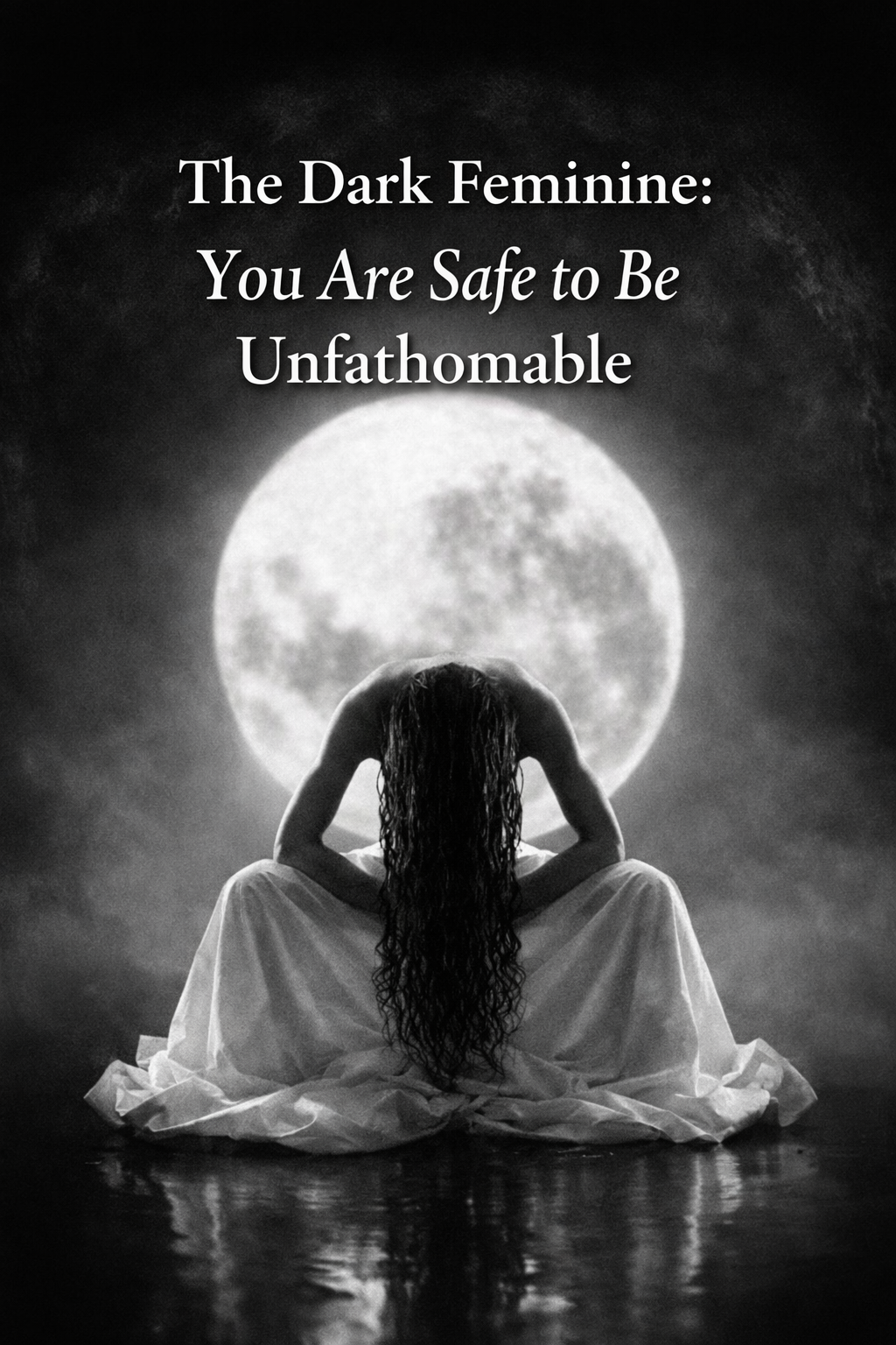 Black and white image of a woman seated with her back to the viewer, long dark hair cascading forward, wrapped in a flowing white garment, silhouetted against a large full moon. Soft mist surrounds her, creating a womb-like, protective atmosphere. Text overlay reads: “The Dark Feminine: You Are Safe to Be Unfathomable.”