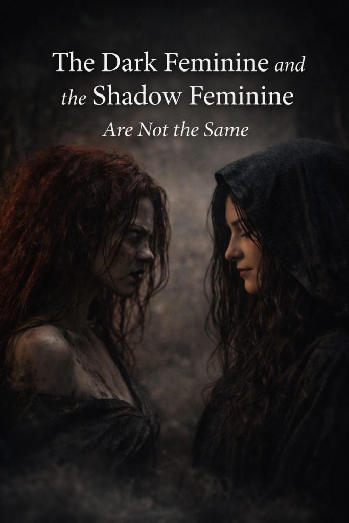 Two women face each other in a dim, misty setting. One embodies the shadow feminine with raw, wounded, earthy intensity, her skin marked and her expression fierce. The other embodies the dark feminine with calm, hooded serenity, her presence soft, grounded, and contained. The contrast illustrates that the dark feminine is not the same as the shadow feminine, showing depth as safety and womb rather than threat or chaos.