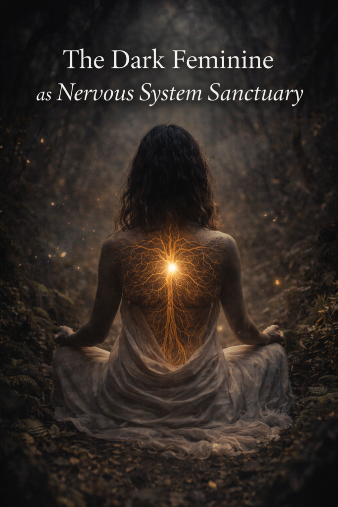 A woman sits in meditation in a dark forest clearing, seen from behind, wearing a flowing white dress. A warm golden light glows from her heart and spine like branching roots or neural pathways, illuminating the surrounding moss, ferns, and drifting particles. Above her, the words “The Dark Feminine as Nervous System Sanctuary” appear in soft white lettering, evoking safety, containment, and womb-like stillness rather than threat.