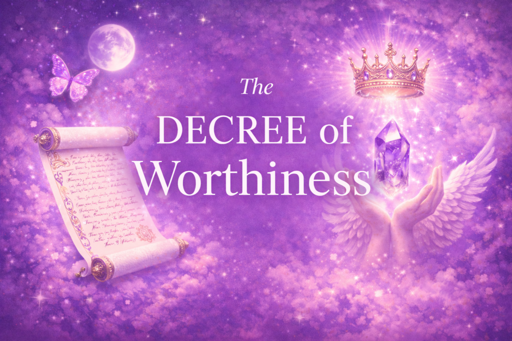 The Decree of Worthiness displayed over a celestial purple and pink sky, with a glowing crown, sacred scroll, and radiant crystal held in angelic hands, symbolising sovereign self-worth, divine authority, and the claiming of inner value