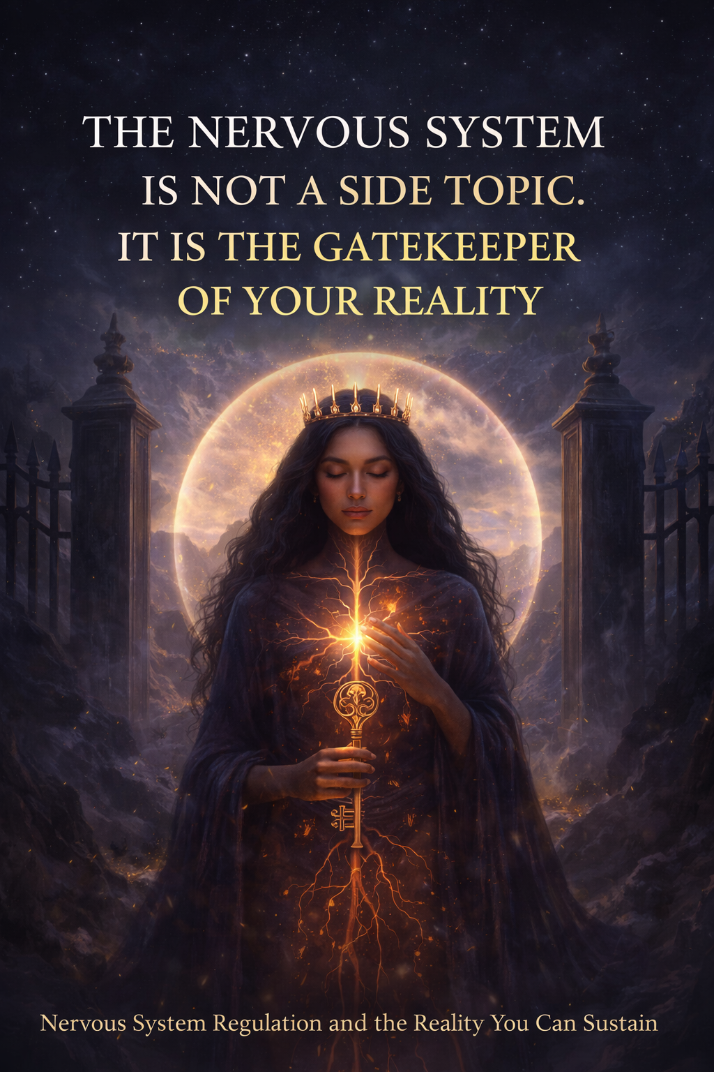 Illustration of a woman with a glowing nervous system holding a key, symbolising nervous system regulation as the gatekeeper of reality and embodied spiritual power.
