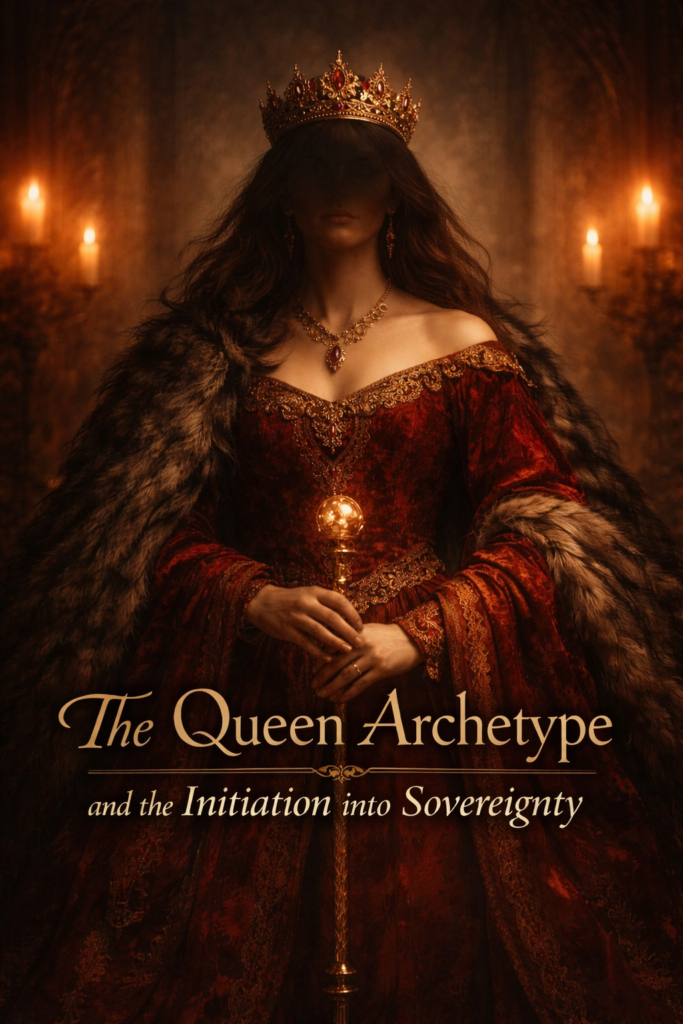 A veiled, crowned feminine figure holding a glowing sceptre in a candlelit temple, symbolising the Queen archetype and the initiation into sovereignty on the journey from Queen to Empress and the rise of quiet, embodied power.