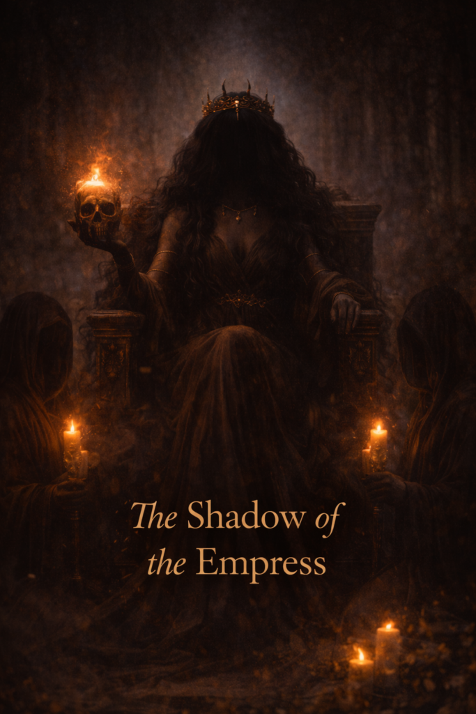 A shadowed, faceless Empress sits on a dark throne holding a glowing skull, surrounded by candlelight and mist, symbolising the Shadow of the Empress and the deeper initiations on the path from Queen to Empress and the rise of quiet, sovereign power.