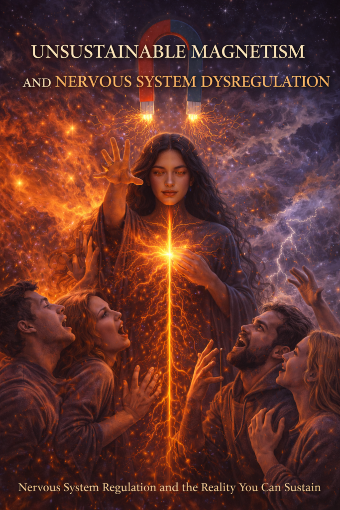 Illustration of a woman emitting intense magnetic energy drawing people toward her, symbolising unsustainable magnetism caused by nervous system dysregulation.