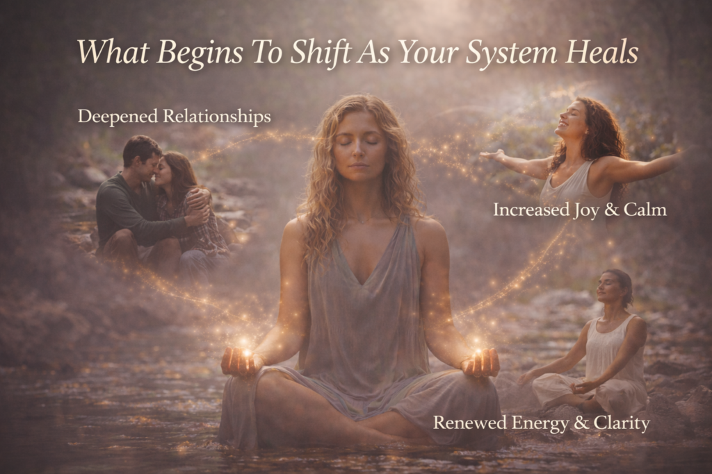 Woman meditating in a shallow forest stream with soft golden light around her hands and subtle scenes of love, calm, and clarity emerging in the mist, illustrating healing your nervous system gently and the life shifts that unfold as safety and regulation return