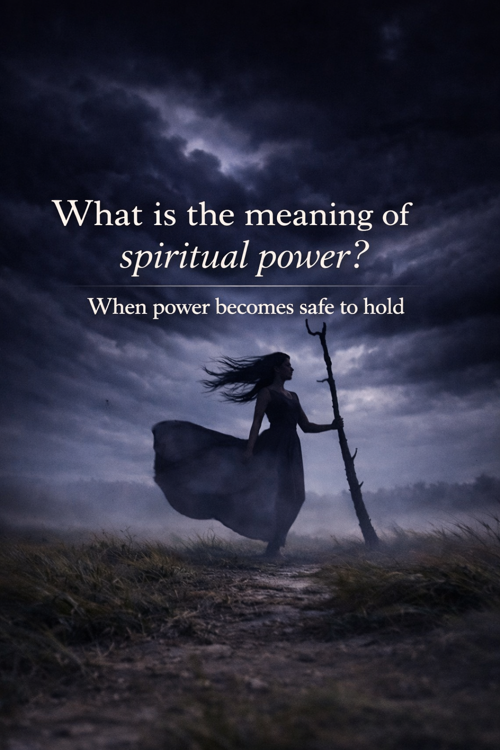 A dramatic, dark-toned image of a woman in a flowing dress standing on a windswept path under storm clouds, holding a tall staff. Overlaid text reads, “What is the meaning of spiritual power? When power becomes safe to hold.”