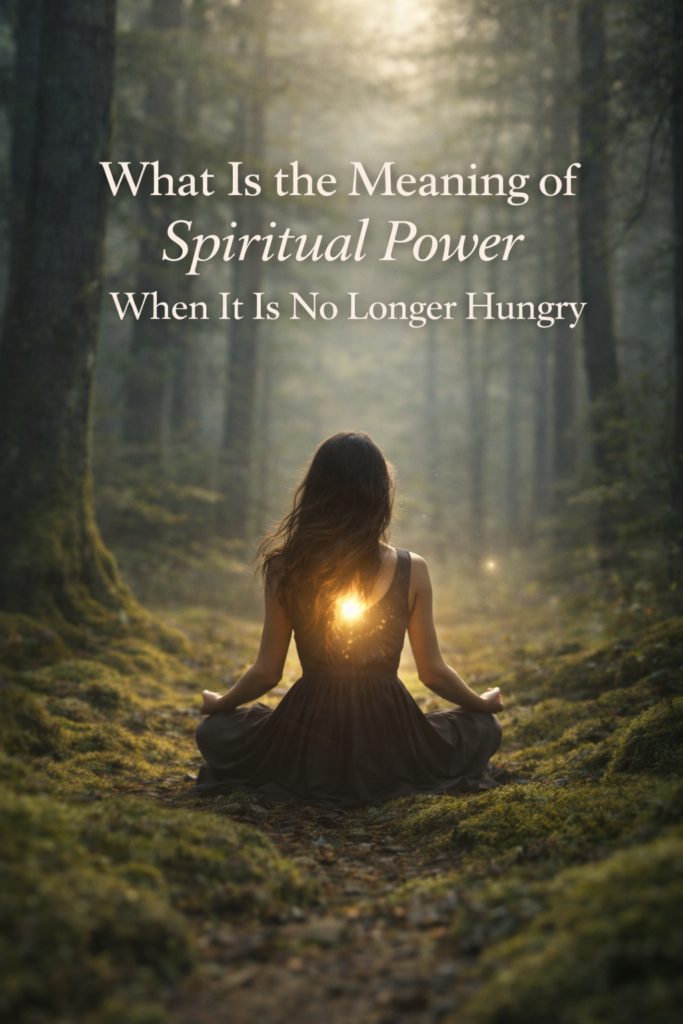 A woman seen from behind sits cross-legged on soft moss in a quiet forest, her dark dress flowing gently around her. A warm golden light glows from the center of her chest, illuminating the misty trees and filtered sunlight around her. Overlaid text reads, “What Is the Meaning of Spiritual Power When It Is No Longer Hungry.”